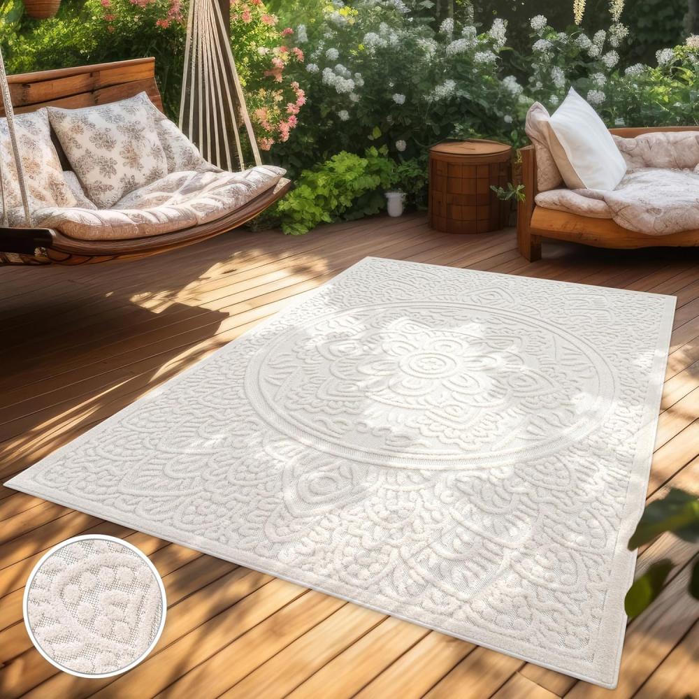 Paco Home Outdoor Teppich Wetterfest Balkon Wohnzimmer Skandinavisches Boho Muster Einfarbig Geometrisch 3D Effekt Moderne Deko, Grösse:80x250 cm, Farbe:Creme 3 Bild 1