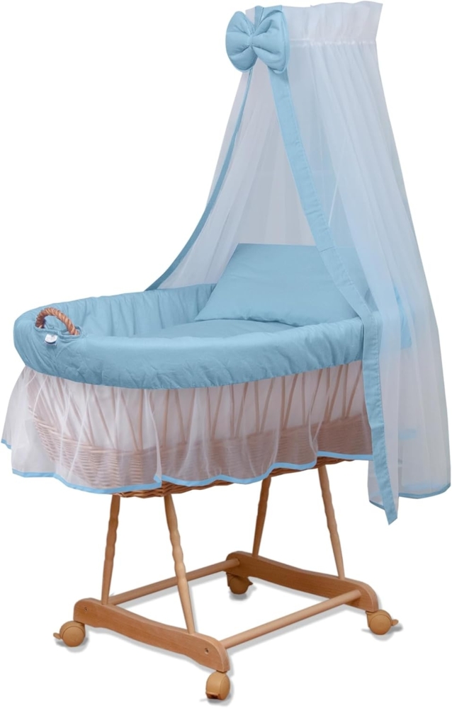 WALDIN Stubenwagen-Set mit Ausstattung, Gestell natur, Ausstattung blau/weiß Bild 1