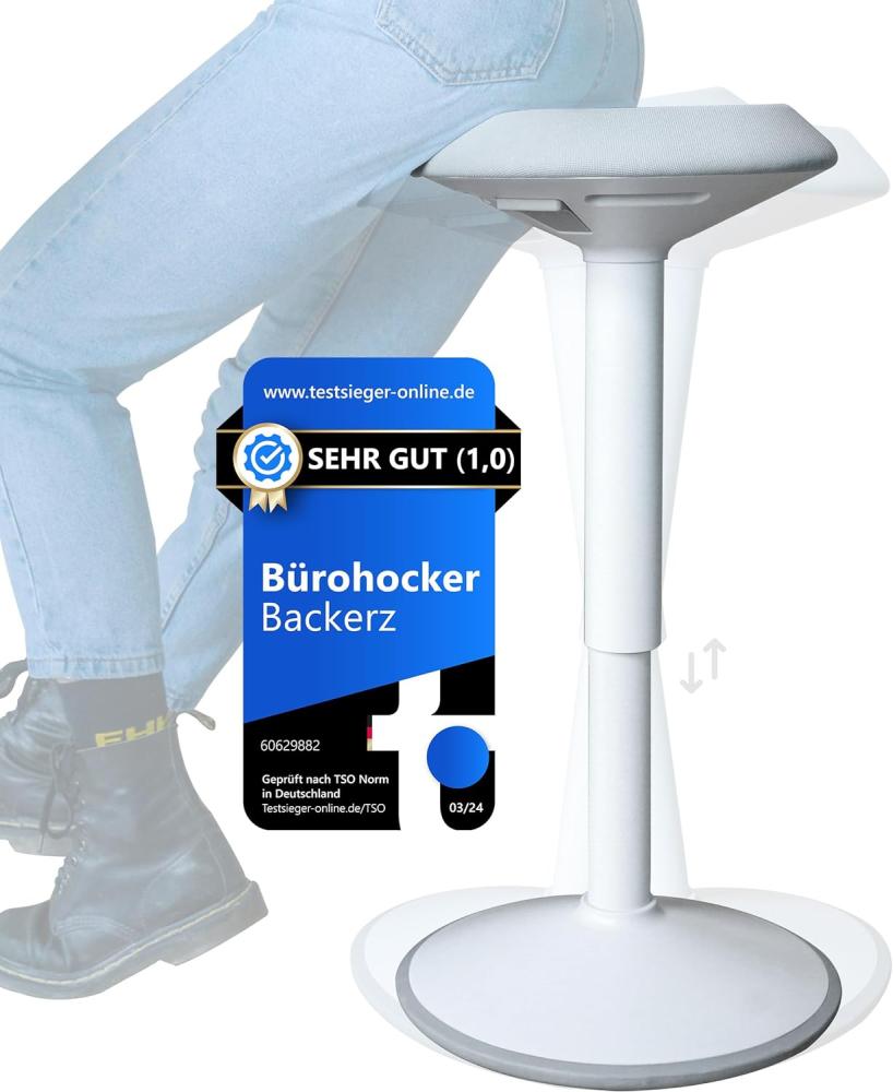 Backerz ergonomischer Wackel-Hocker - Bürohocker mit 55-80 cm Höhenverstellbar, Stehhocker, Arbeitshocker, kompakter Sitzhocker für Heim und Büro - Bezogen mit wasserabweisendem Stoff, Matt Weiß Bild 1