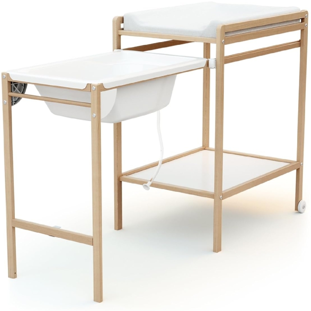 AT4 - Wickeltisch mit Badewanne ESSENTIEL Lackierte Buche | Maße aufgeklappt (L x B x H): 148 x 58 x 94 cm | Zusammengeklappt (L x B x H): 76 x 58 x 94 cm | Tisch mit Rollen | Mit Ablaufschlauch Bild 1