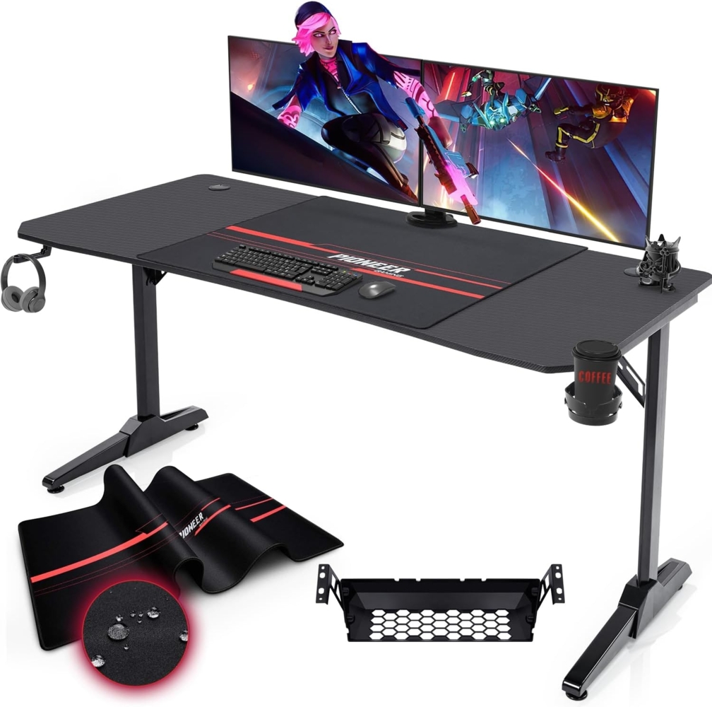 Devoko Gaiming Tisch 140x60 cm Gaming Schreibtisch Gamer Computertisch Ergonomischer PC Schreibtisch mit Getränkehalter und Kopfhörerhalter T-förmiger (Schwarz) Bild 1