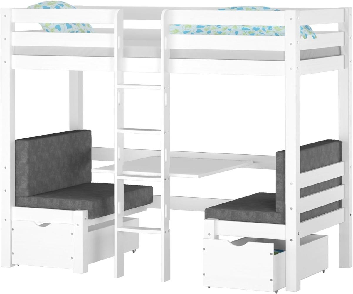 Weißes Hochbett mit Sitzbank und Tisch, Kinderetagenbett 90x200cm wählbares Zubehör V-60.22W-09mit Rollrost und Polster Bild 1