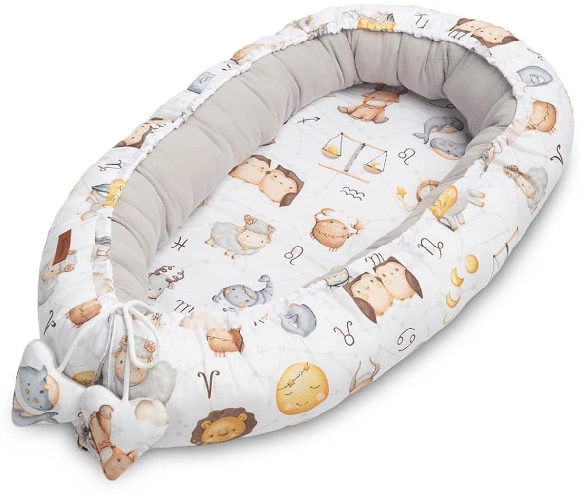 SENSILLO - Babynestchen Neugeborene - Baby-Kokon bis zu 6 Monaten - Für Bett, Kinderbett und Reise - Musselin und Baumwolle mit Silikonfüllung - 80x45 cm - Tierkreis, Grau Bild 1