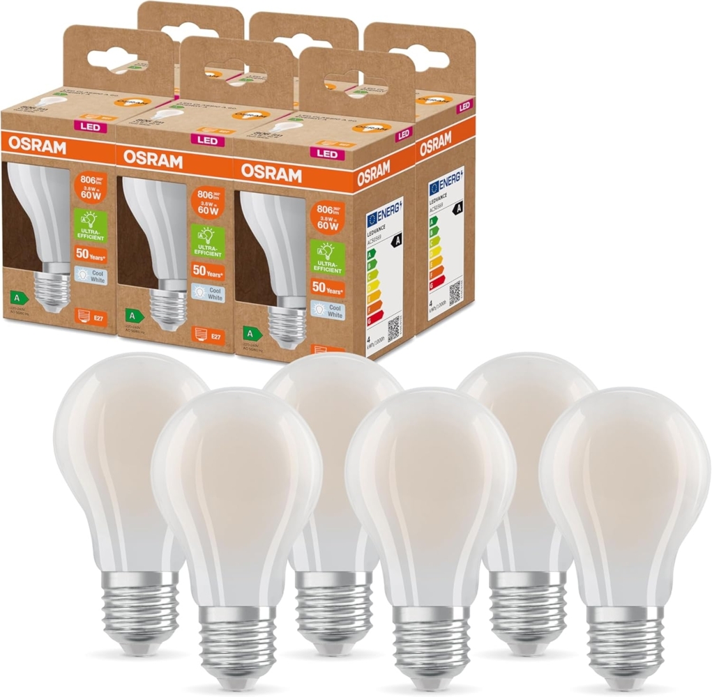 Osram LED SUPERSTAR+ CLASSIC A GL FR 60 LED-Lampe mit Sockel E27, weiß, 3,6W, 806lm, 4000K, kaltweißes Licht, bis zu 60% Energieeinsparung vs. Standard LED-Lampen, 6-Pack Bild 1