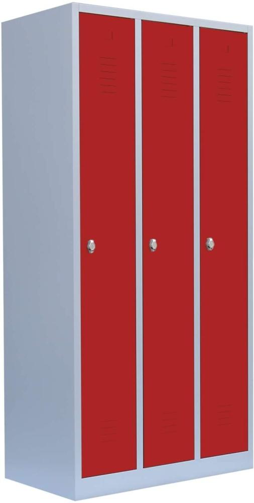 Komfort 3er Spind Garderobenschrank Stahlschrank Metallschrank Kleiderspind 180 x 118,5 x 50cm Lichtgrau/Rot 515134 Bild 1