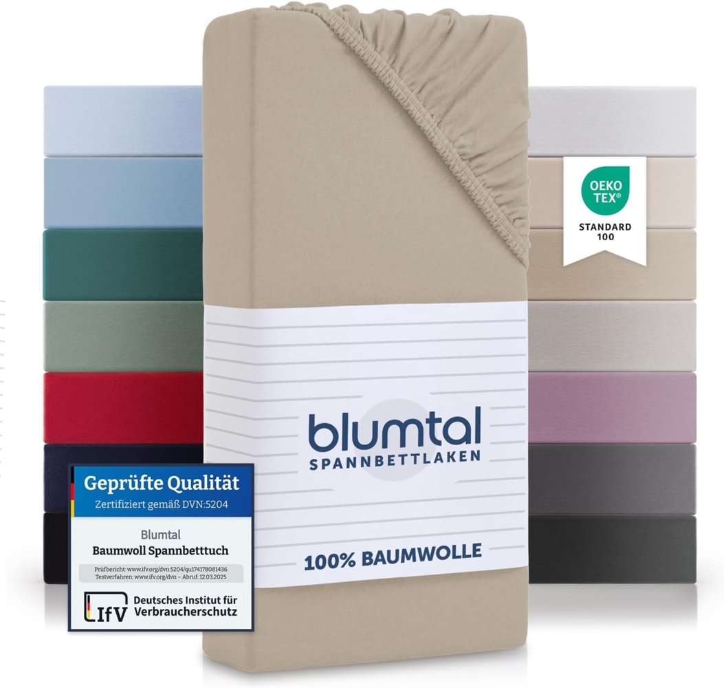 Blumtal® Baumwolle Spannbettlaken 160x200 cm Basics Jersey - Bettbezug 160x200 cm - Oeko-TEX zertifiziertes Spannbetttuch 160x200 cm - Matratzenbezug 160x200 cm - Bettbezug - Leintuch - Taupe Bild 1
