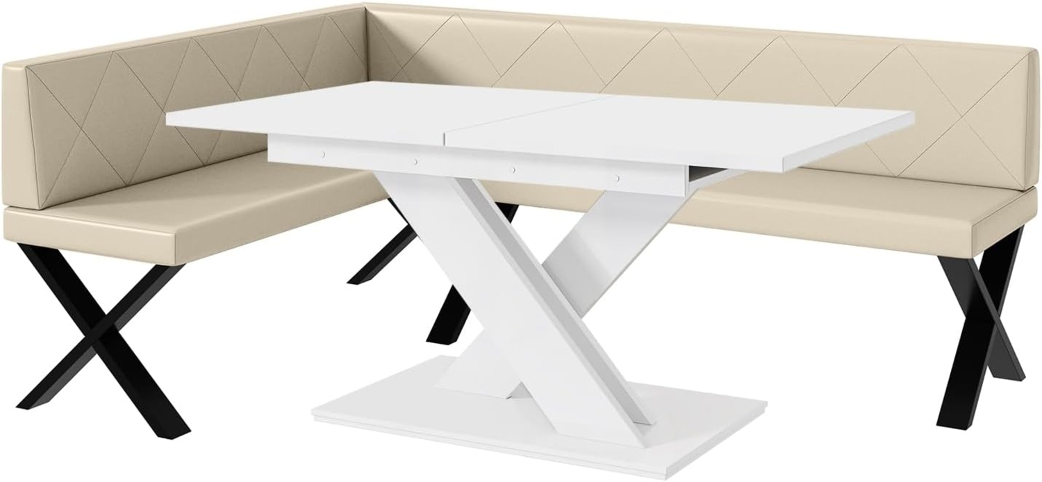 MEBLINI Eckbank für Esszimmer mit ausziehbarem Tisch - Küchenbank - Essecke - Sitzecke Küche - ERIC - X-Beine 142x196x87cm Links - Creme Kunstleder/B Weiß Matt Bild 1