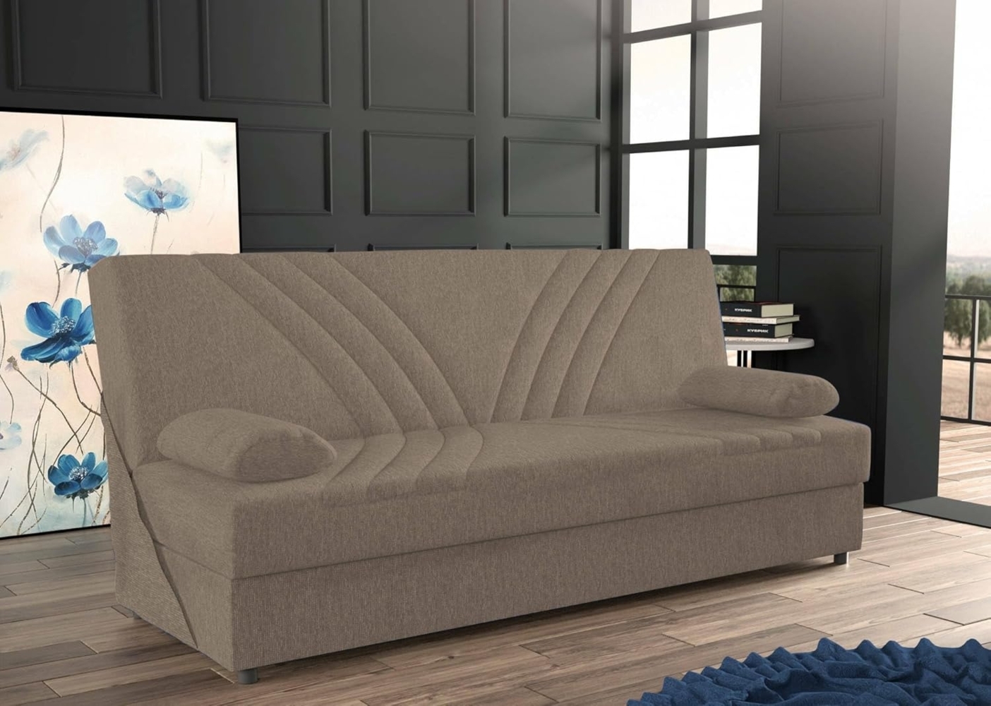 Dmora - Schlafsofa Ramon, 3-Sitzer-Container-Schlafsofa mit 2 Kissen inklusive, Wohnzimmersofa aus gepolstertem Stoff mit Klick-Klack-Öffnung, Cm 181x81h88, Beige Bild 1