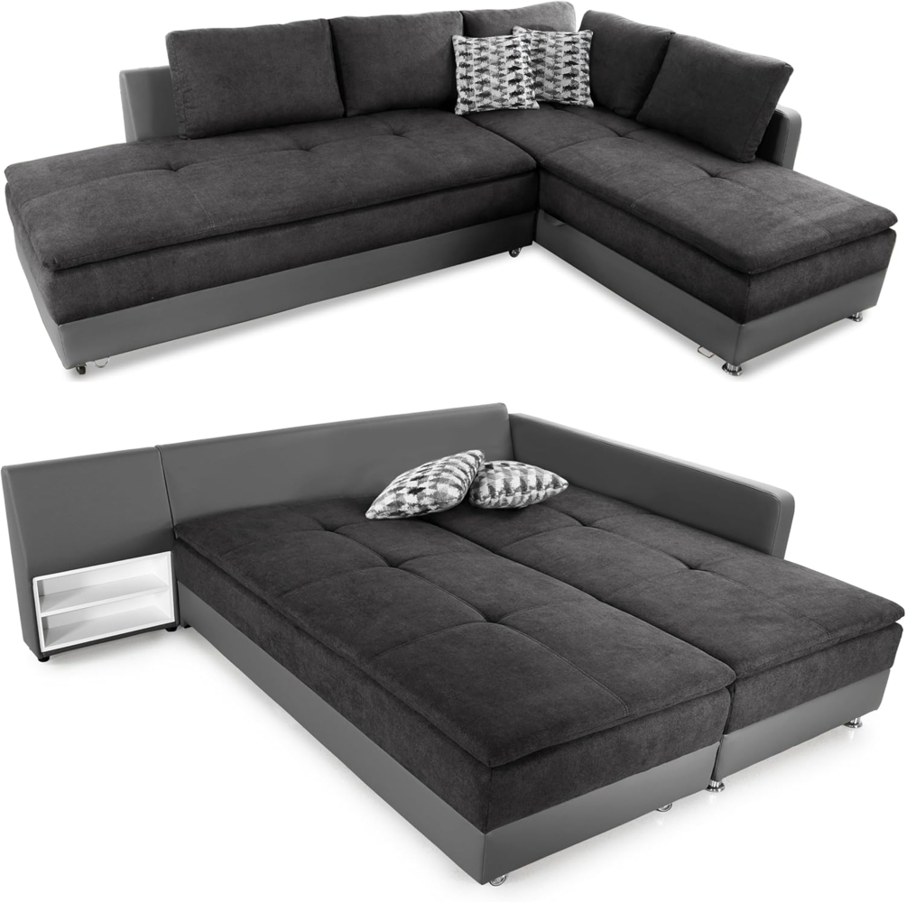 luma-home Ecksofa 15105, Dauerschläfer-Doppelbett 306x223 cm, Schwenkteil links, Bettkasten, Regal, Boxspring, Federkern, Wellenunterfederung, Topper, Mikrofaser Anthrazit/Kunstleder Grau Bild 1