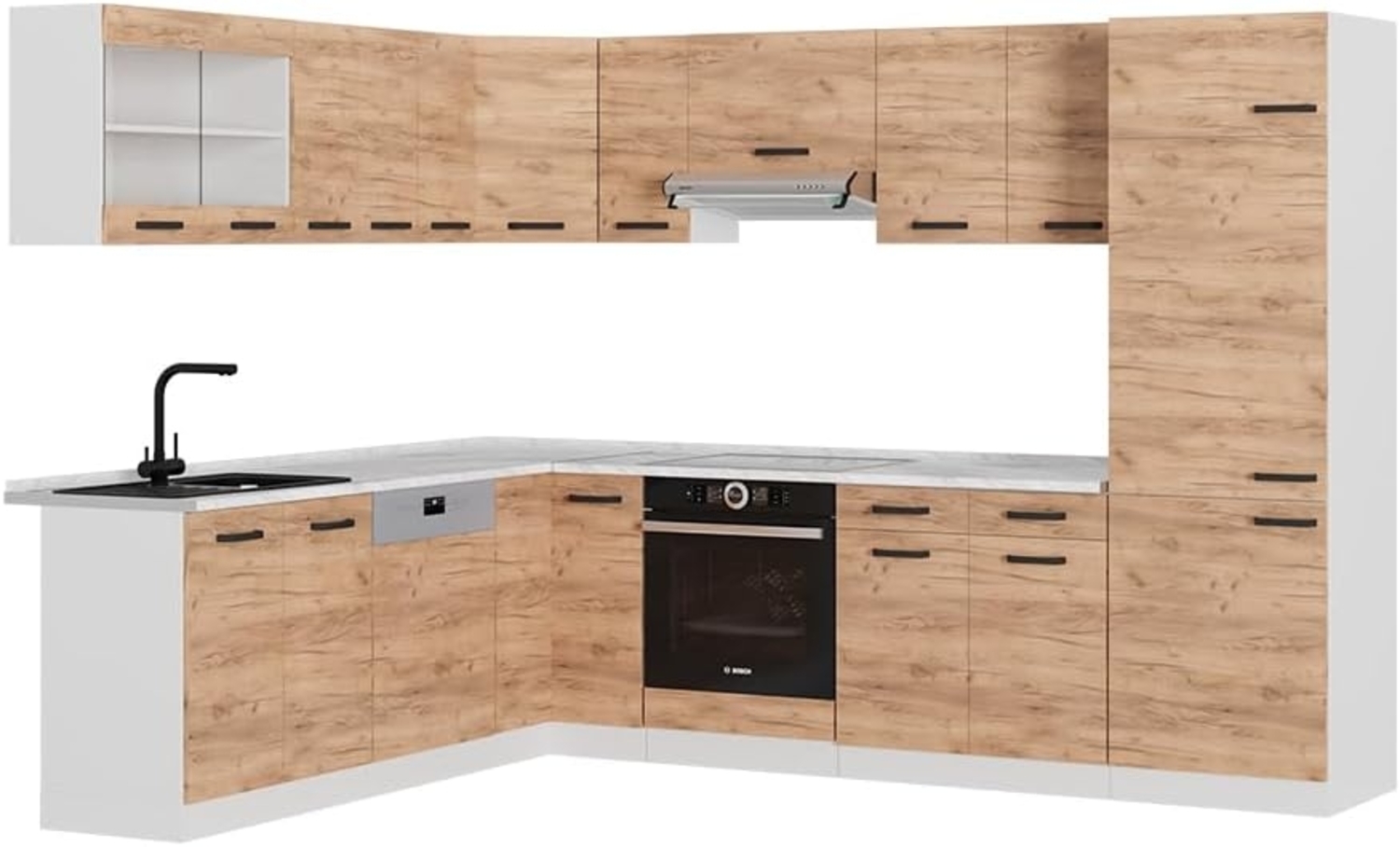 Eckküche R-Line Goldkraft Eiche/Weiß 287 x 60 cm AP Marmor Vicco Bild 1