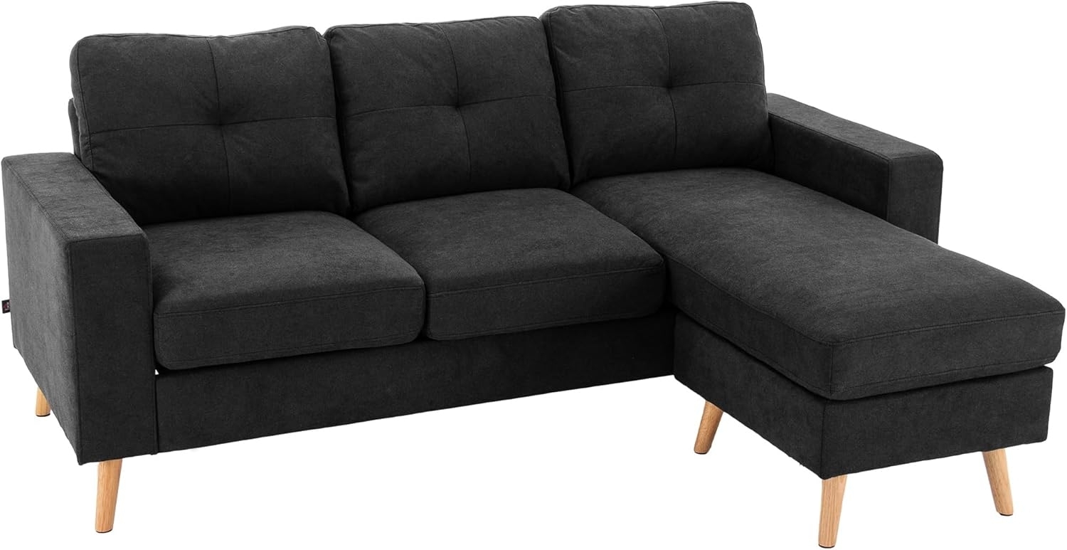 HOMCOM 3-Sitzer Eckcouch in L-Form, Eckgarnitur in Leinenoptik, Stoffsofa 1 Teile, für Wohnzimmer, Schwarz, 193 x 136 x 85 cm Bild 1