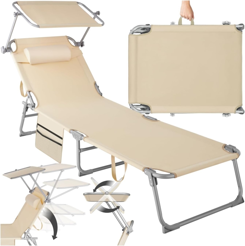 tectake® Sonnenliege klappbar, tragbar, Liege mit Seitentasche, Strandliege, Gartenliege mit Dach, Liegestuhl mit Verstellbarer Rückenlehne, inkl. Kopfkissen - für Balkon, Terrasse, Camping - beige Bild 1