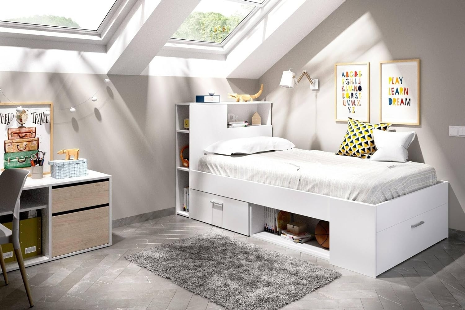 Dmora - Kristall-Kinderbett, Bett für Schlafzimmer mit Kopfteil, Einzelbettgestell mit Schublade und Regalen, 218 x 99 x 96 cm, Weiß Bild 1