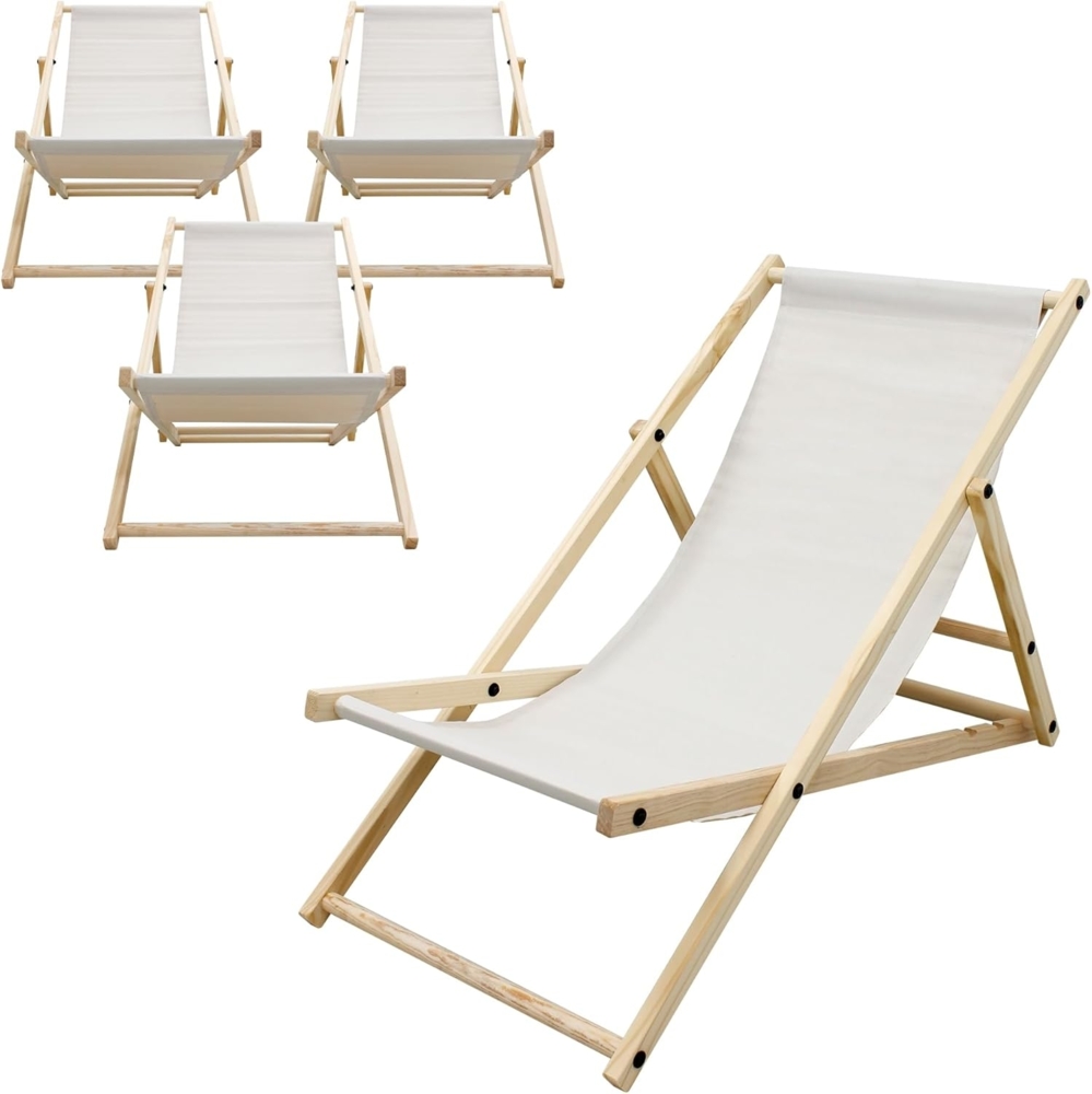 ECD Germany 4er Set Liegestuhl klappbar, Beige, aus Holz, verstellbare Rückenlehne, 3 Positionen, bis 120kg, Sonnenliege Gartenliege Strandliege Strandstuhl Holzklappstuhl, für Garten, Balkon & Strand Bild 1