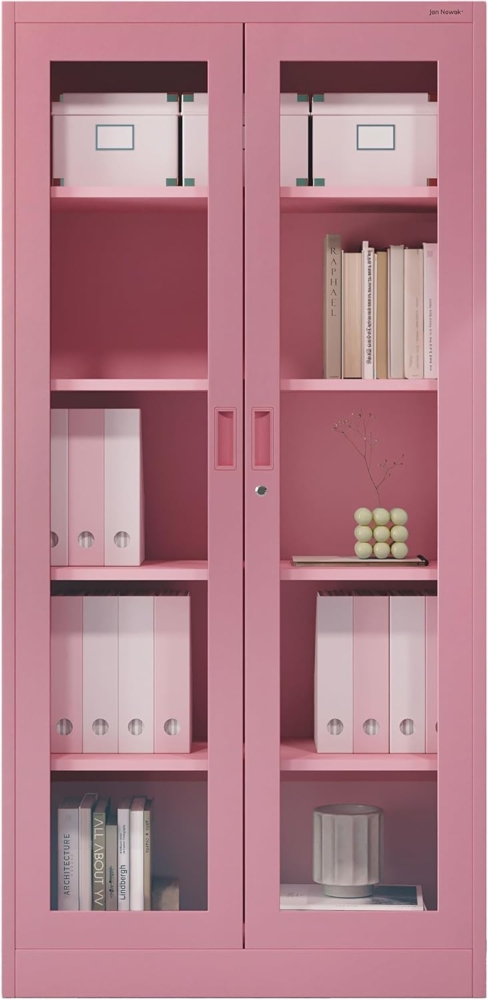 Jan Nowak Metallschrank mit Glasvitrine Aktenschrank Büroschrank Aufbewahrungsschrank 4 verstellbare Fachböden Sicherheitszylinderschloss Pulverbeschichtung 185 x 90 x 40 cm (Rosa) Bild 1