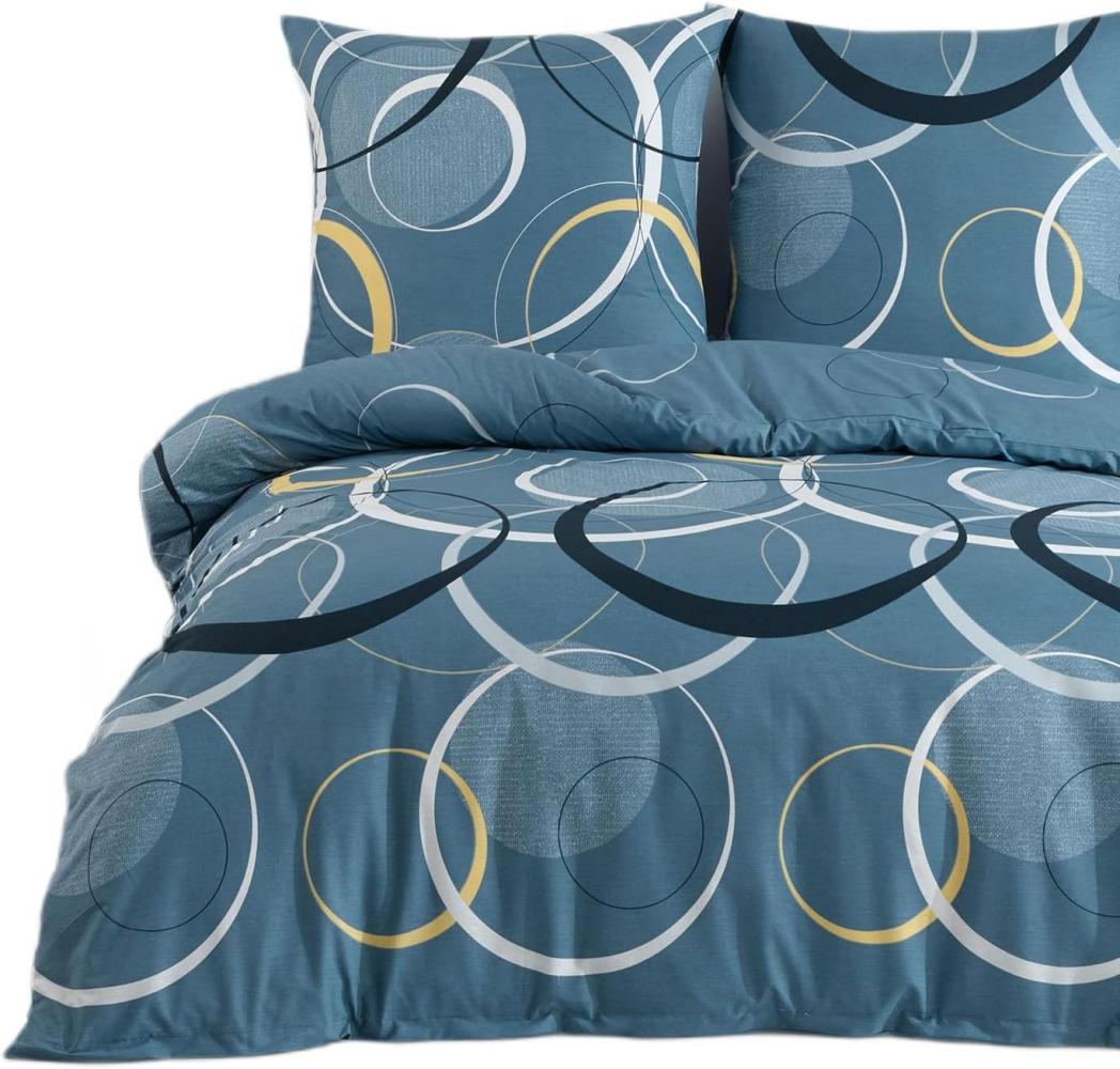 Buymax Bettwäsche Wave, Bettgarnitur, Bettbezug Set, Renforcé: 100% Baumwolle, 3 teilig, mit Reißverschluss, gemustert, Kreise, Blau, Petrol, 200x200 cm Bild 1