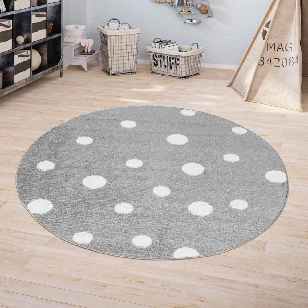 Jimri Kinderteppich DOTS l Pünktchen Gepunktet l Öko-Tex Siegel | Kinderzimmer/Jugendzimmer (Grau, Ø 150 cm Rund) Bild 1