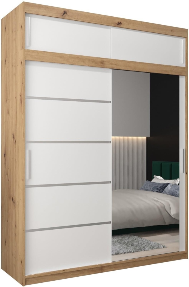 Kryspol Schwebetürenschrank Verona 2-180 cm mit Spiegel Kleiderschrank mit Kleiderstange & Einlegeboden Schlafzimmer-Wohnzimmerschrank Schiebetüren Modern Design (Artisan Eiche + Weiß mit Erweiterung) Bild 1