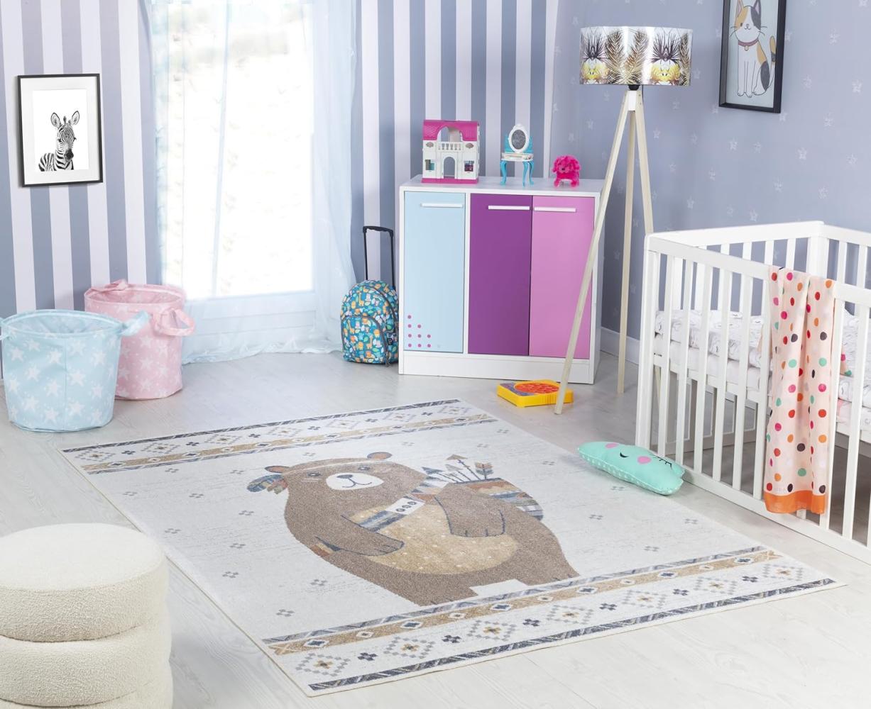 Surya Bär Kinderteppich - Cartoon Teppich, Teppich Kinderzimmer oder Babyzimmer, Kinderzimmerteppich, Krabbelteppich oder Spielteppich - Baby Teppich für Jungen & Mädchen, Creme und Beige 160x213cm Bild 1