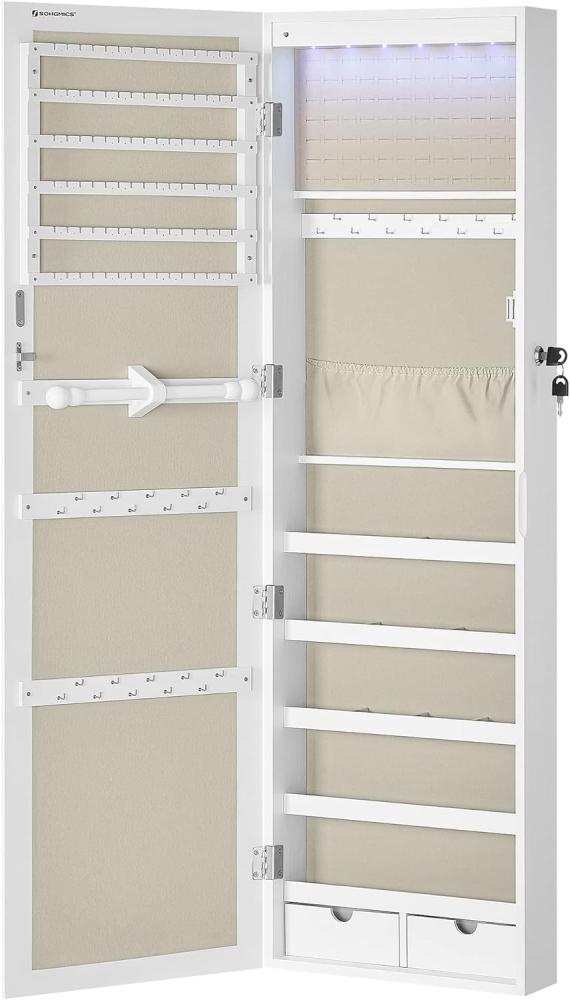 Songmics Schmuckschrank mit LED Beleuchtung und Spiegel, MDF Weiß-Greige, 10 x 37 x 120 cm Bild 1