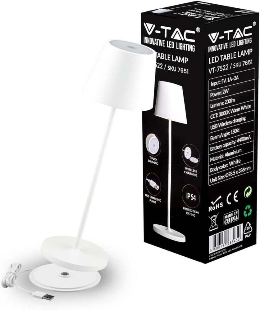 V-TAC Dimmbare LED-Tischlampe Kabellos mit Touch-Bedienung - Wiederaufladbar Weiß Lampe für den Innen und Draußen - Außenbereich IP54 - Hause Restaurant - 4400-mAh-Akku - Warmweiß 3000K - 2W, VT-7522 Bild 1