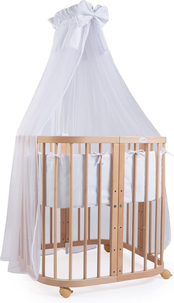 Waldin Babybett aus Holz 7in1 mit Matratze, Mitwachsendes Kinder-Bett, Belüftet, Boden 5-Fach Verstellbar, All-Inclusive-Set, Holz Natur, Stoffe Weiß Bild 1