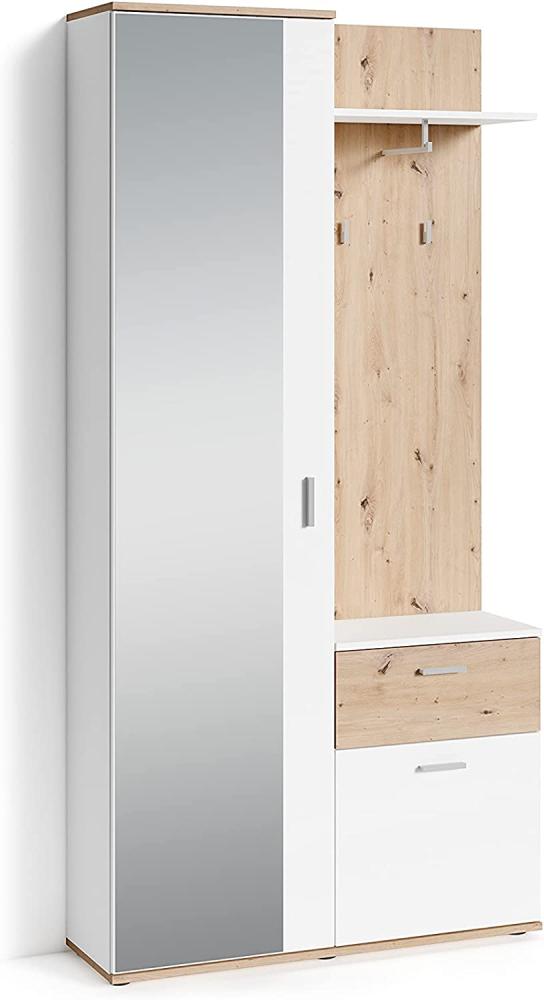 byLIVING Kompakt-Garderobe JAKOB / Korpus in Artisan Eichen-Optik / Schubladen-Front in weiß / Garderobe mit großer Spiegeltür / Fest montiertes Set / Kommode / Schuh-Schrank / B 97, H 195, T 30 cm Bild 1