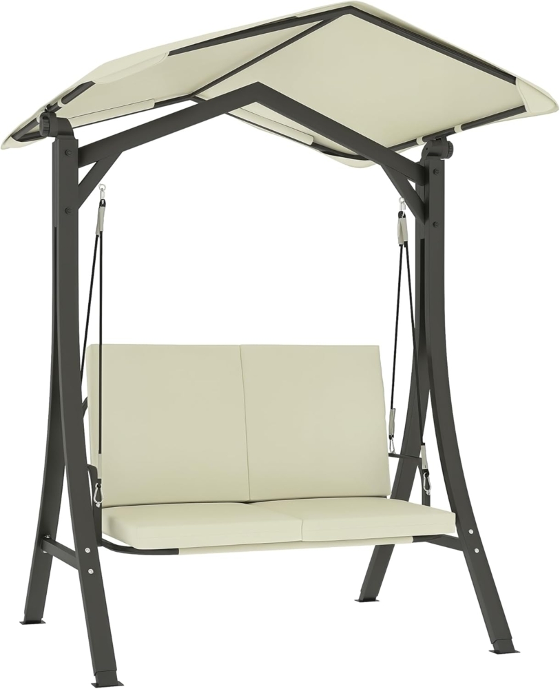 Outsunny Hollywoodschaukel mit verstellbarem Sonnendach, Sitzauflage, 2-Sitzer, Schaukelfinktion, 2-Sitzer Gartenschaukel, 1 tlg, UV 30+ Schaukelbank, belastbar bis 220kg, für Garten, Terrasse, 150 x 120 x 182cm Cremeweiß Bild 1