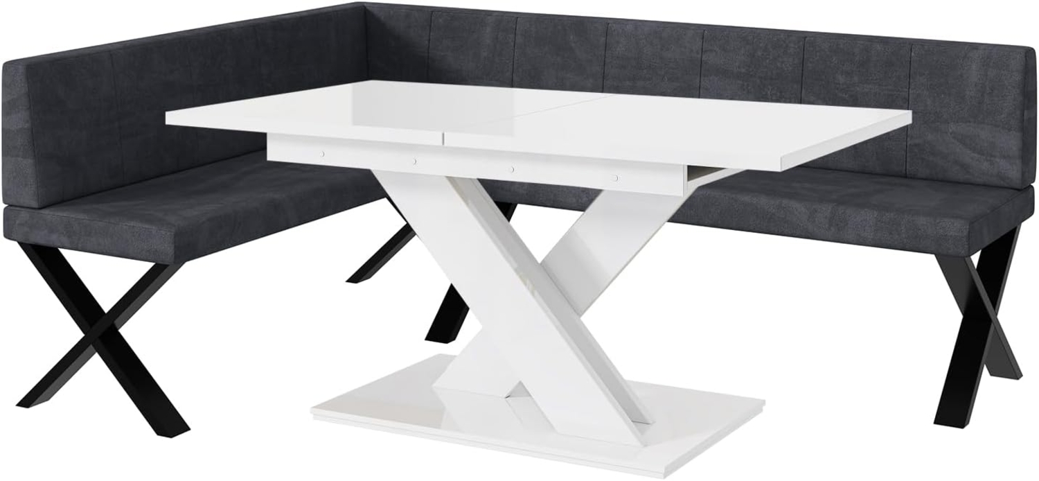 MEBLINI Eckbank für Esszimmer mit ausziehbarem Tisch - Küchenbank - Essecke - Sitzecke Küche - PETER - X-Beine 142x196x87cm Links - Dunkelgrau Samt/B Weiß Hochgl. Bild 1