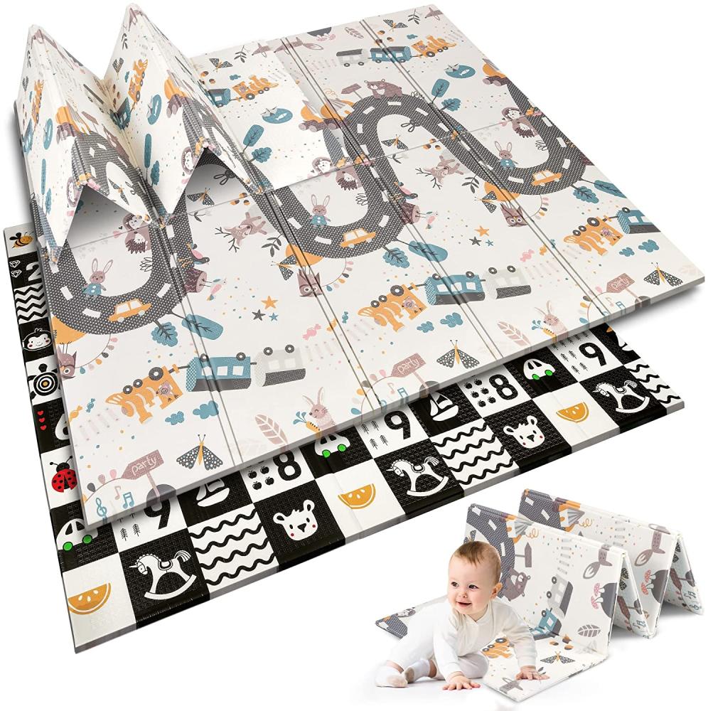 NUKIDO Baby-Schaumstoffmatte Doppelseitig Niedlich Buntes Design zum Spielen Krabbeln Perfekt zum Verschenken Faltbar 200x180 cm NK-340 Kontrastweg-Muster Bild 1