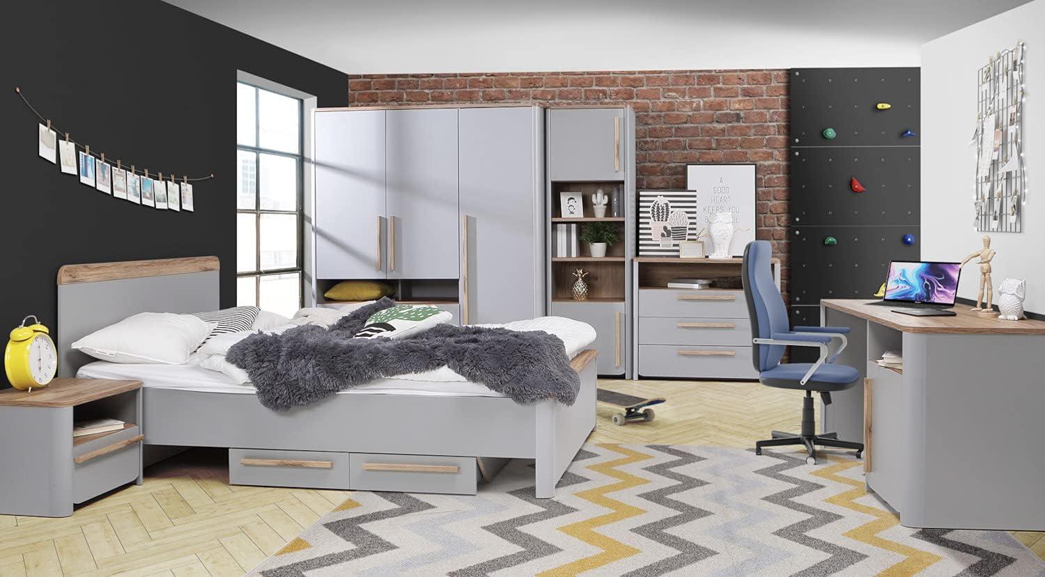 Jugendzimmer Surfino 7 teiliges Komplett Set in Grau und Catania Eiche mit Kleiderschrank, 120x200 Jugendbett mit Bettschubkästen Nachttisch Schreibtisch Kommode Regal - MD110955 Bild 1