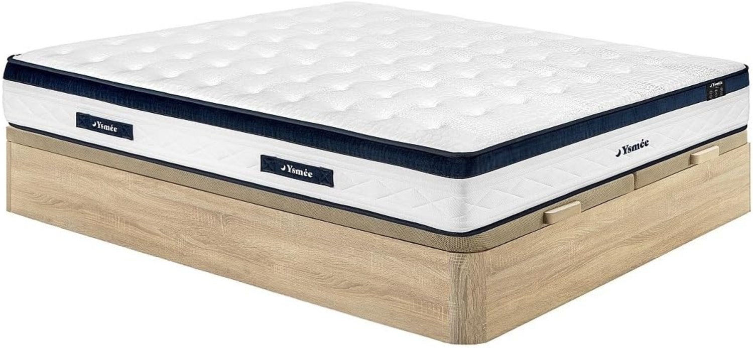 Vente-unique - Set 180 x 200 cm - Bettkasten natur hell - Taschenfederkernmatratze 5 Zonen - Kühlender Bezug - Höhe 28 cm - KOROVOU von YSMÉE Bild 1