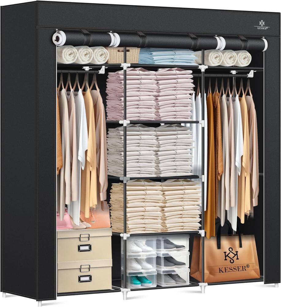 KESSER® Kleiderschrank Stoffschrank Stabil mit Kleiderstange & Ablagen, Inkl. 5x Kleiderbügel, Stoff Faltschrank für Schlafzimmer, Ankleidezimmer Garderobe mit Kleiderständer 150x45x175cm Schwarz Bild 1