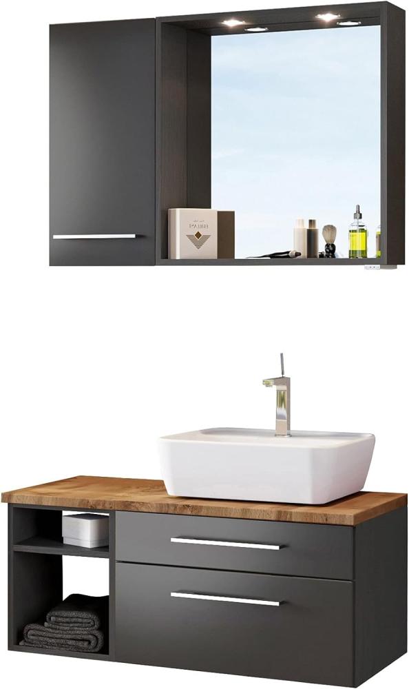 Bad-Set 4-tlg. 'Davos' Grau, mit LED-Spots, Hängeschrank und Unterschrank mit Fächern, Waschbecken rechts Bild 1