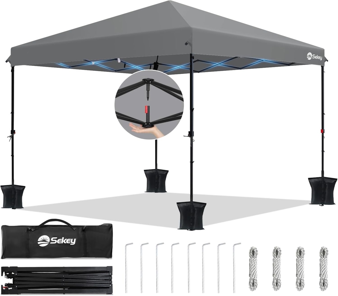 Sekey EIN Personen Setup Pavillon 3x3 Wasserdicht Stabil Winterfest, Pop Up Faltpavillon Camping, Faltbar Partyzelt Gartenzelt mit 4 Sandsäcke für Festival, Events, Picknicks, Grau Bild 1