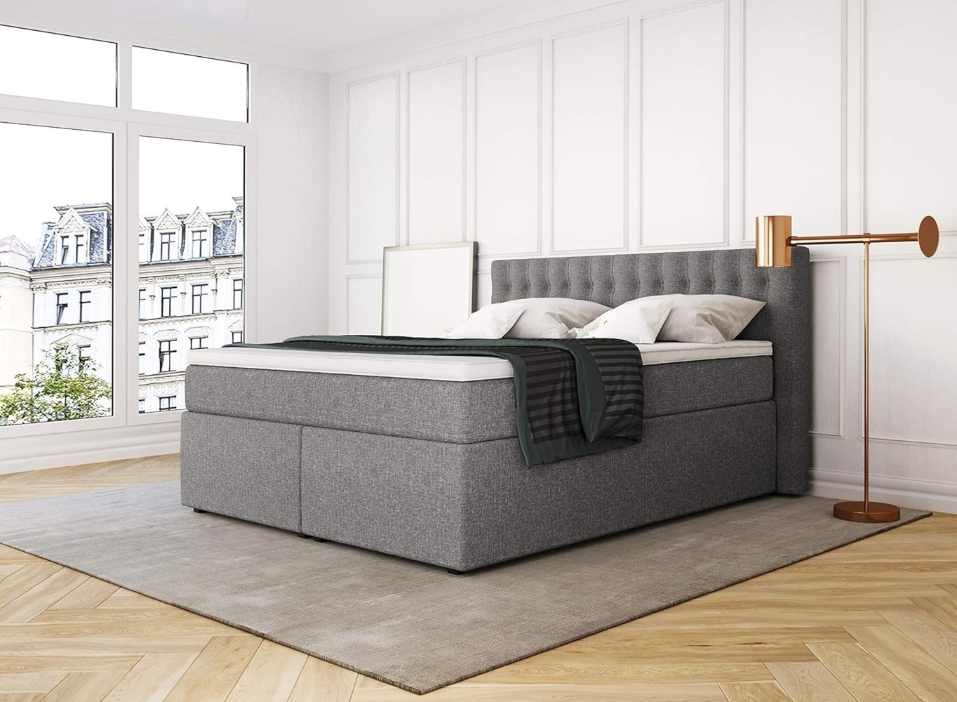 Betten Jumbo King Boxspringbett 200x200 cm mit 7-Zonen TFK Härtegrad H2 und 10 cm V2-Topper | Farbe Hellgrau | div. Größen verfügbar Bild 1