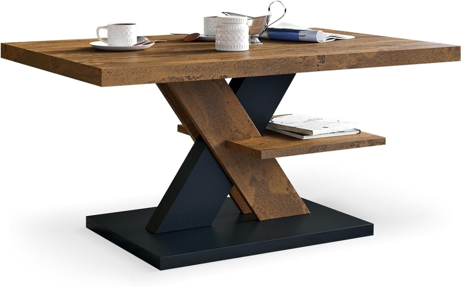 Viosimc Moderner Wohnzimmertisch, Couchtisch Rost & Schwarz Dekor, Wohnzimmer Sofatisch Kaffeetisch, Modern Matt Sofa Tisch mit Großer Ablage, Mittel- oder Beistelltisch für Tee und Kaffee Bild 1