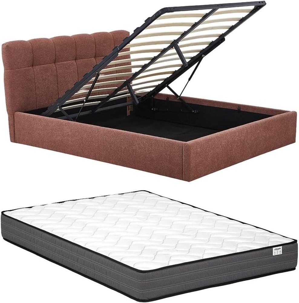 Vente-unique - Bett mit Bettkasten + Matratze - 160 x 200 cm - Bouclé-Stoff - Terracotta - MAZIRI Bild 1