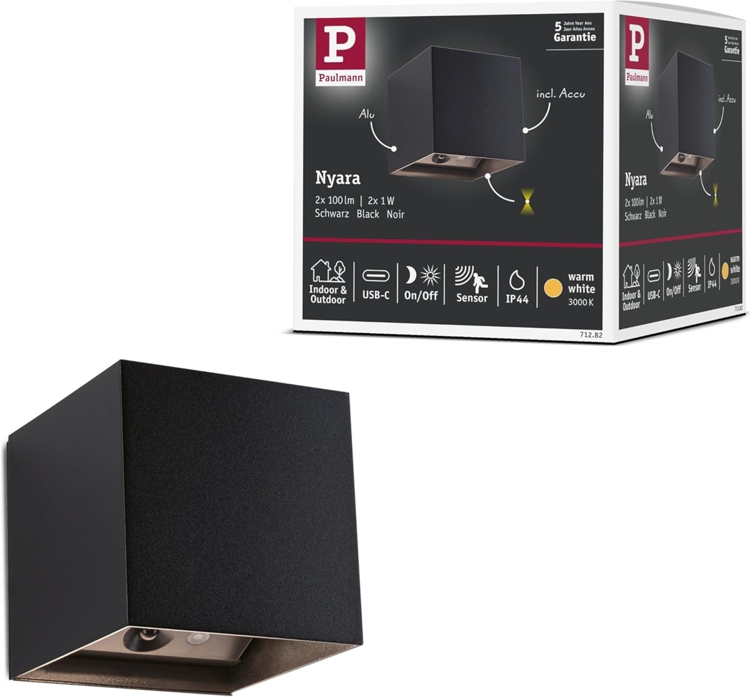Paulmann 71282 LED Akku Wandleuchte Nyara eckig IP44 3000K schwarz Bewegungsmelder Bild 1