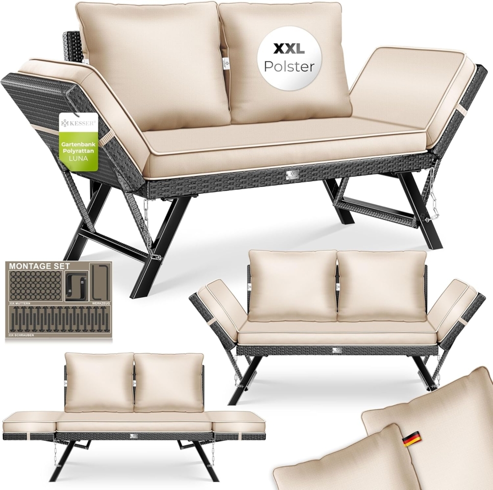KESSER® Gartenbank Polyrattan Luna mit Liegefunktion Gartensofa 4-in-1 Verstellfunktion Gartencouch Wetterfest, Balkonsofa Verstellbare Armlehnen, Extra Dicke & Weiche Polster, Garten/Balkon/Terrasse Schwarz / Beige Bild 1