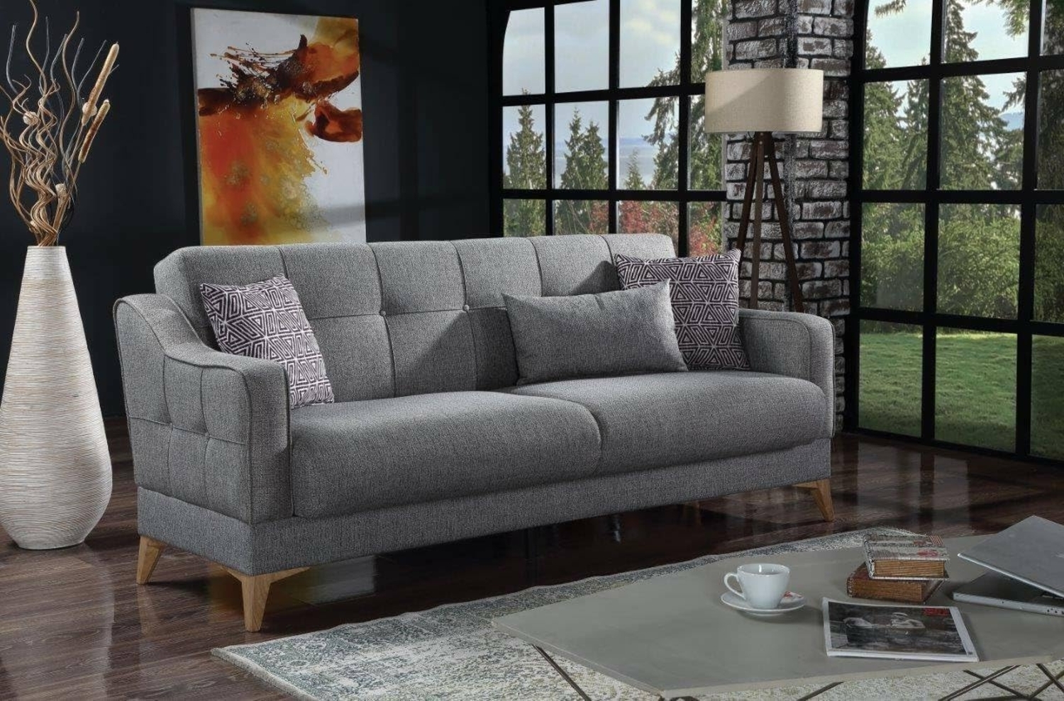 Dmora - Schlafsofa Juan, Lineares 3-Sitzer-Schlafsofa mit 3 Kissen inklusive, Wohnzimmersofa aus gepolstertem Stoff mit klick-Klack-Öffnung, cm 207x82xh92, grau Bild 1