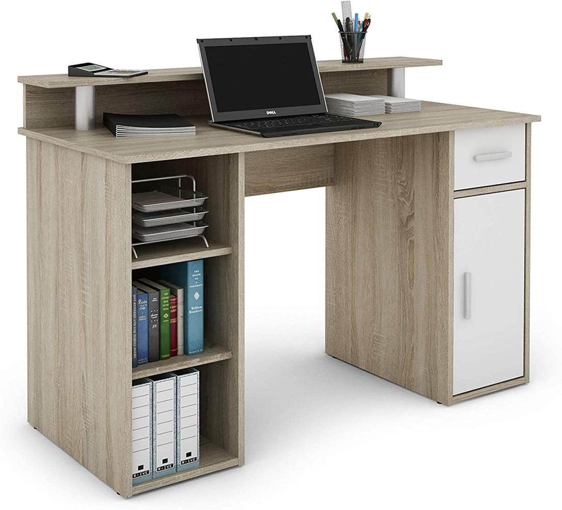 byLIVING Schreibtisch DIEGO / Arbeits-Tisch mit viel Stauraum in Sonoma Eichen-Holz-Optik / Fronten in Weiß / Computer-Tisch / 1 Schublade, 1 Tür, 3 offene Fächer / 120x88x55cm (BxHxT) Bild 1