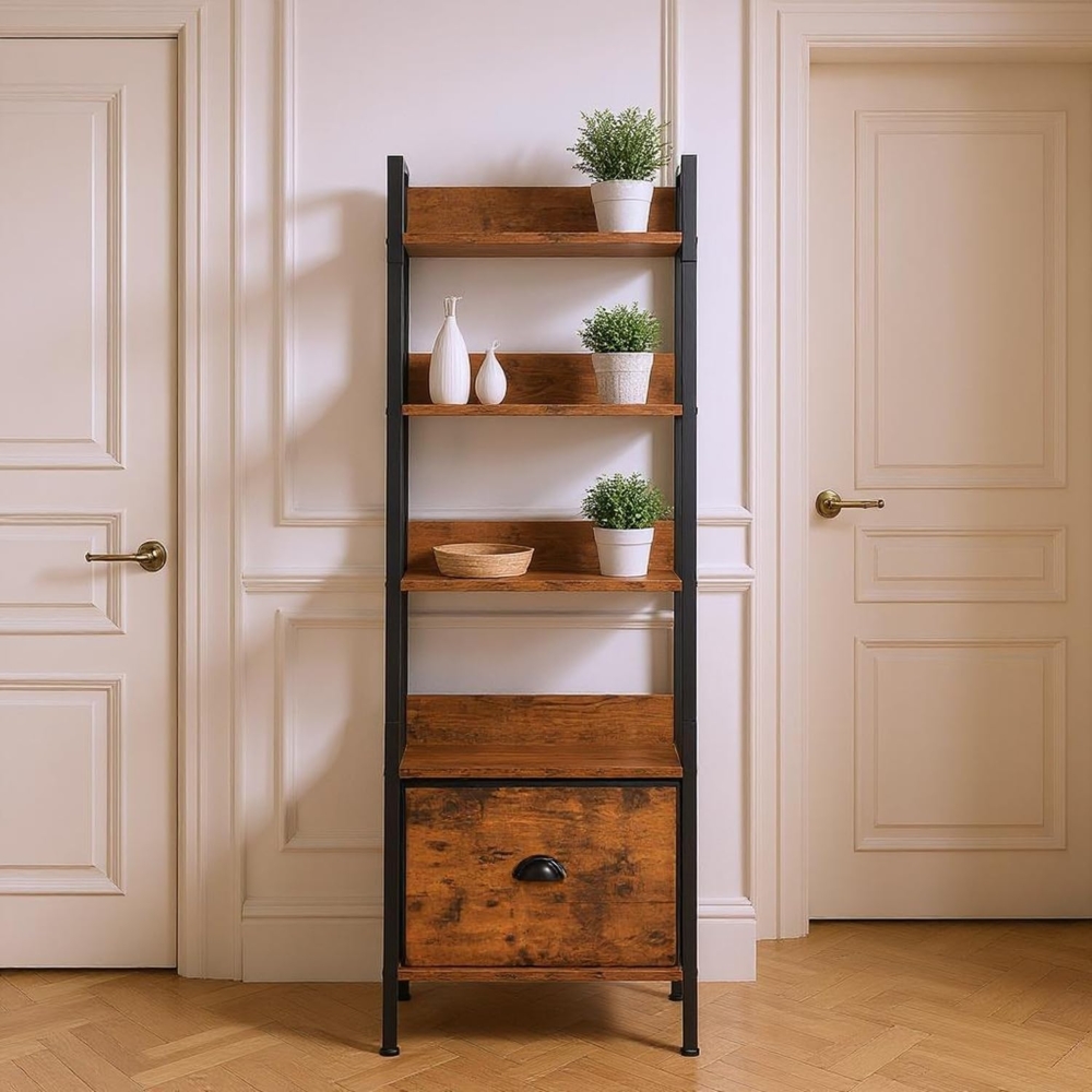 FurnitureR Hochschrank Leiterstil 42 x 29 x 110 cm, 4 Ebenen mit Stoffschublade, 12 mm Holzplatten & 20 mm Metallrahmen, 7,5 cm Rückwand, Eleganter Wohnzimmerschrank im Landhausstil Bild 1