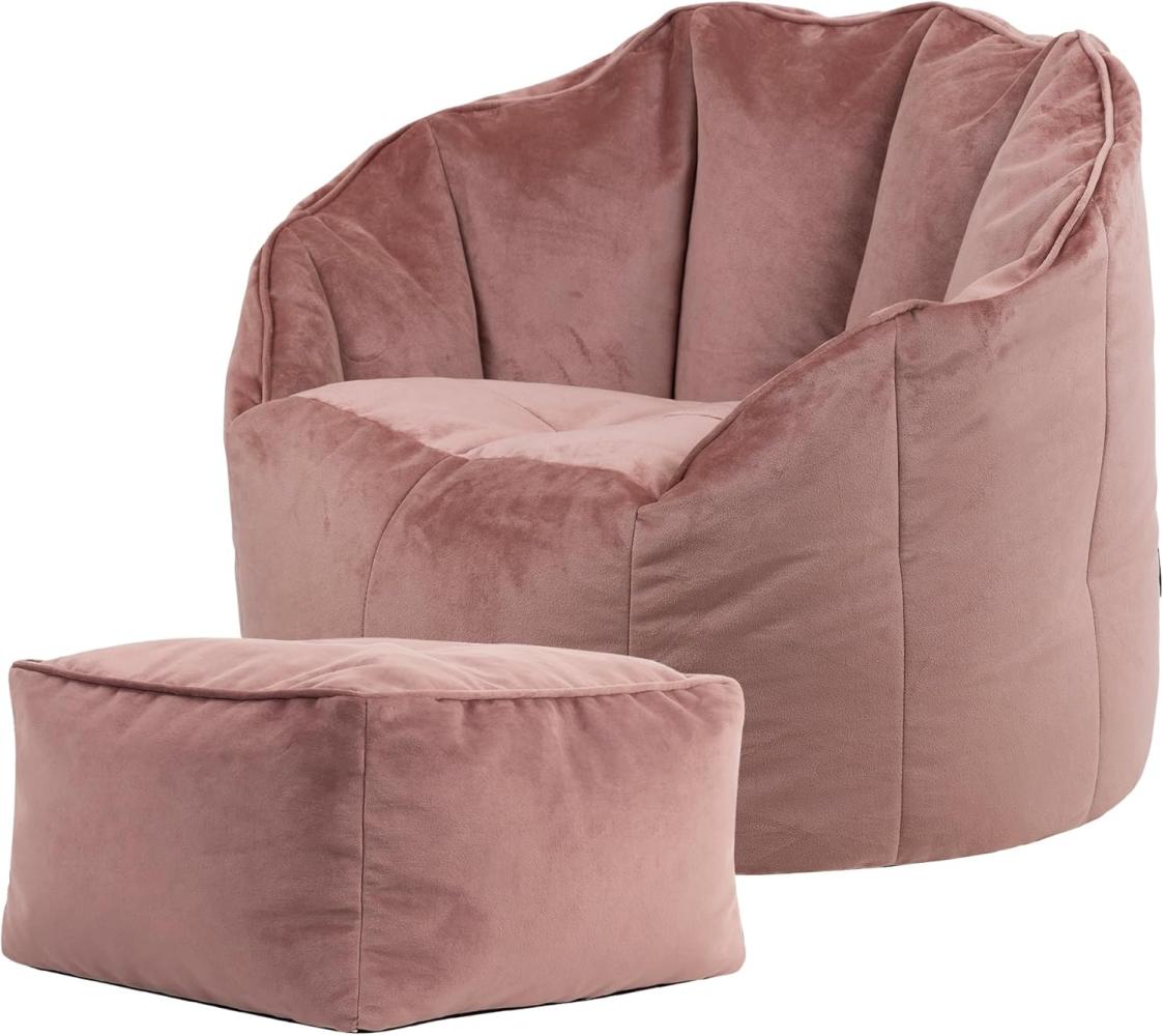 Icon Sitzsack-Sessel „Sirena“, Samt, Plüsch XL Sitzsack Erwachsene mit Füllung für das Wohnzimmer, Groß Indoor Sitzsäcke (Rosa, Sitzsack + Hocker) Bild 1