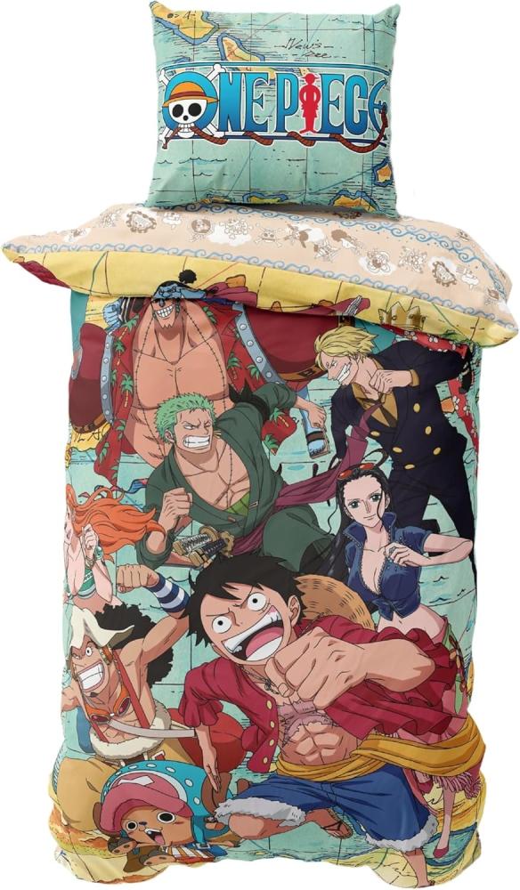 MTOnlinehandel Bettwäsche One Piece Anime 135x200+80x80 cm Ruffy und seine Piratencrew, Microfaser, 2 teilig, Manga, Monkey D. Ruffy, Sanji, Nico Robin, Nami, Tony Tony Chopper Bild 1