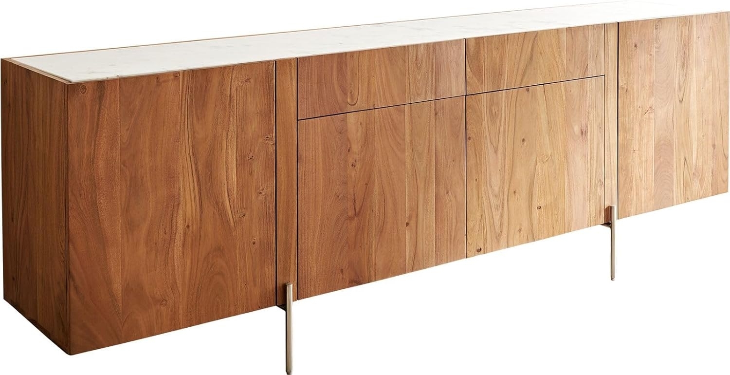 Sideboard Secara 200 cm Akazie Natur 4 Türen 2 Schübe Marmor Füße Edelstahl Bild 1