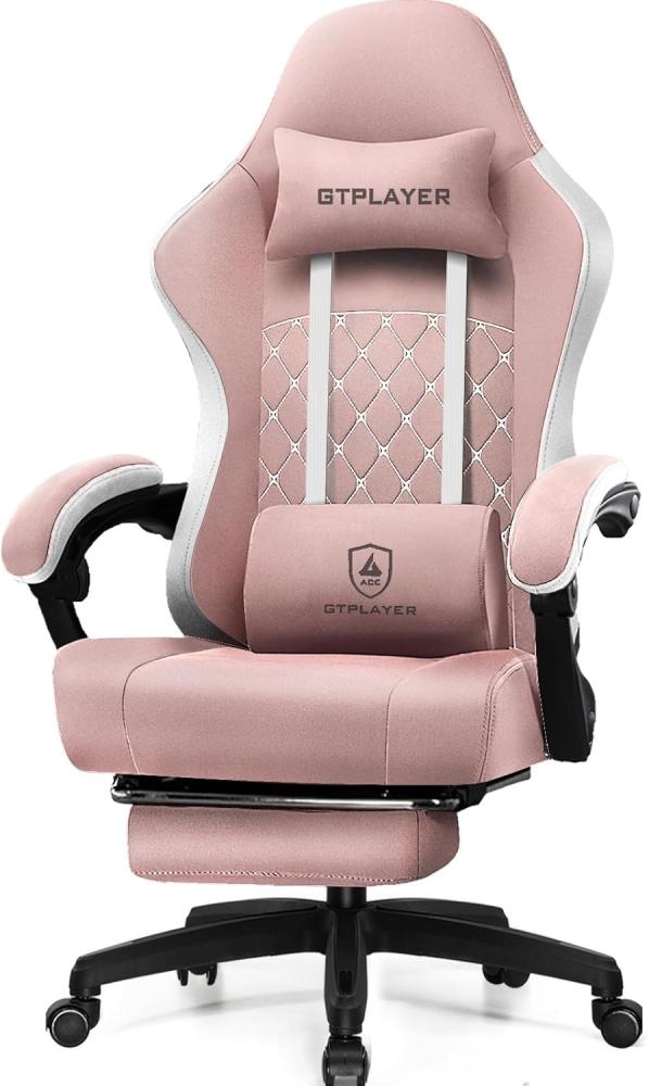 GTPLAYER Gaming Stuhl Ergonomischer Gaming Sessel Schreibtischstuhl mit Stoffoberfläche, Federsitzkissen, Verbindungsarmlehnen und Fußstütze Rosa Bild 1