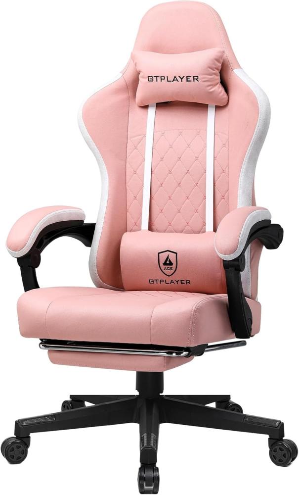 GTPLAYER Gaming Stuhl Ergonomischer Gaming Sessel Schreibtischstuhl mit Stoffoberfläche, Federsitzkissen, Verbindungsarmlehnen und Fußstütze Rosa Bild 1