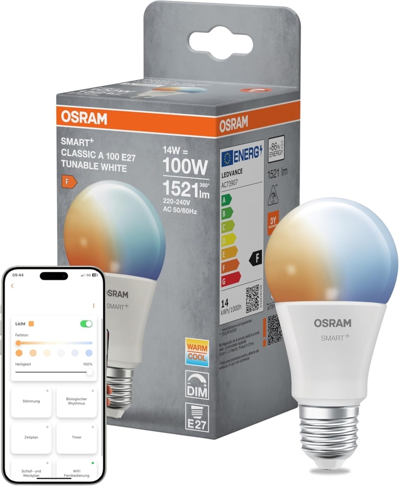 Osram SMART+ LED-Lampe, A100, 14W, 2700–6500K, E27, Kolbenform, Tunable White, dimmbar, steuerbar per App oder Sprache, kompatibel mit Matter Bild 1
