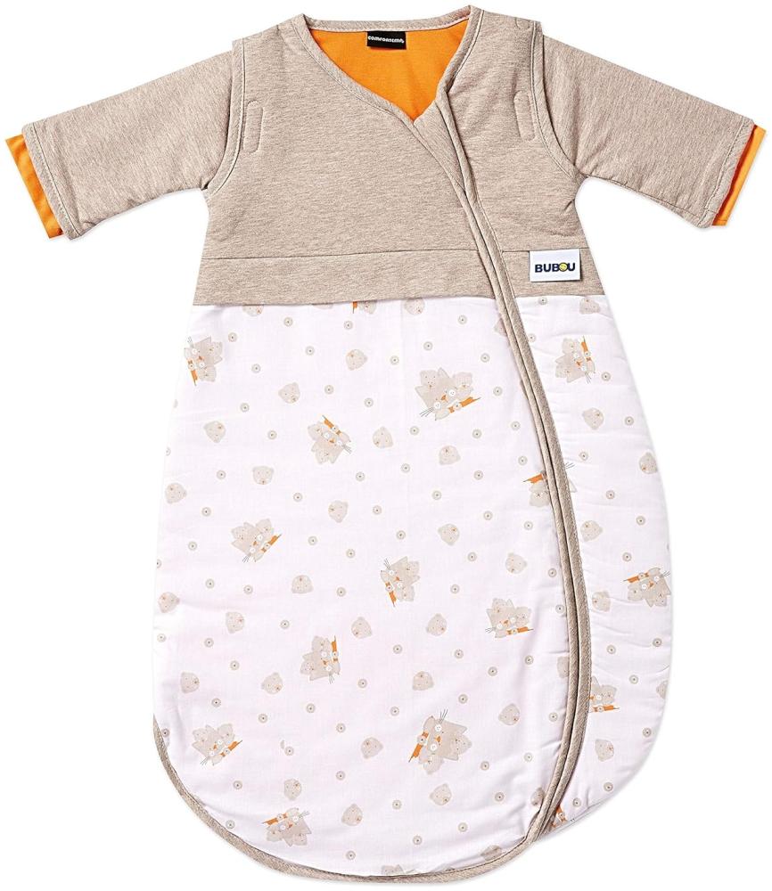 Gesslein 773097 Bubou Babyschlafsack mit abnehmbaren Ärmeln: Temperaturregulierender Ganzjahreschlafsack, Baby/Kinder Größe 110 cm, beige/weiß mit Kätzchen Bild 1